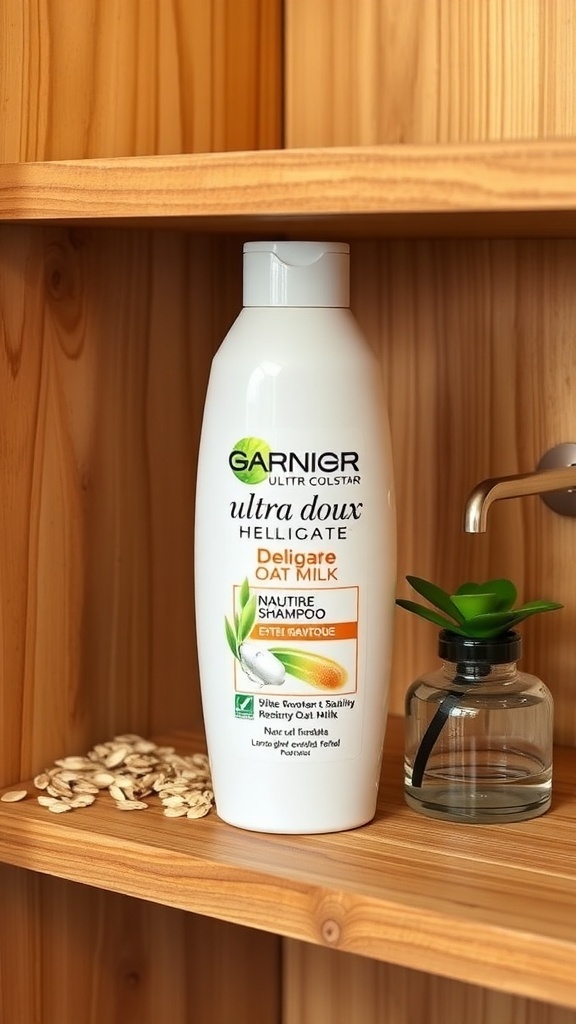 Garnier Ultra Doux Delicate Oat Milk Shampoo bottle on a wooden shelf with oats and a plant.